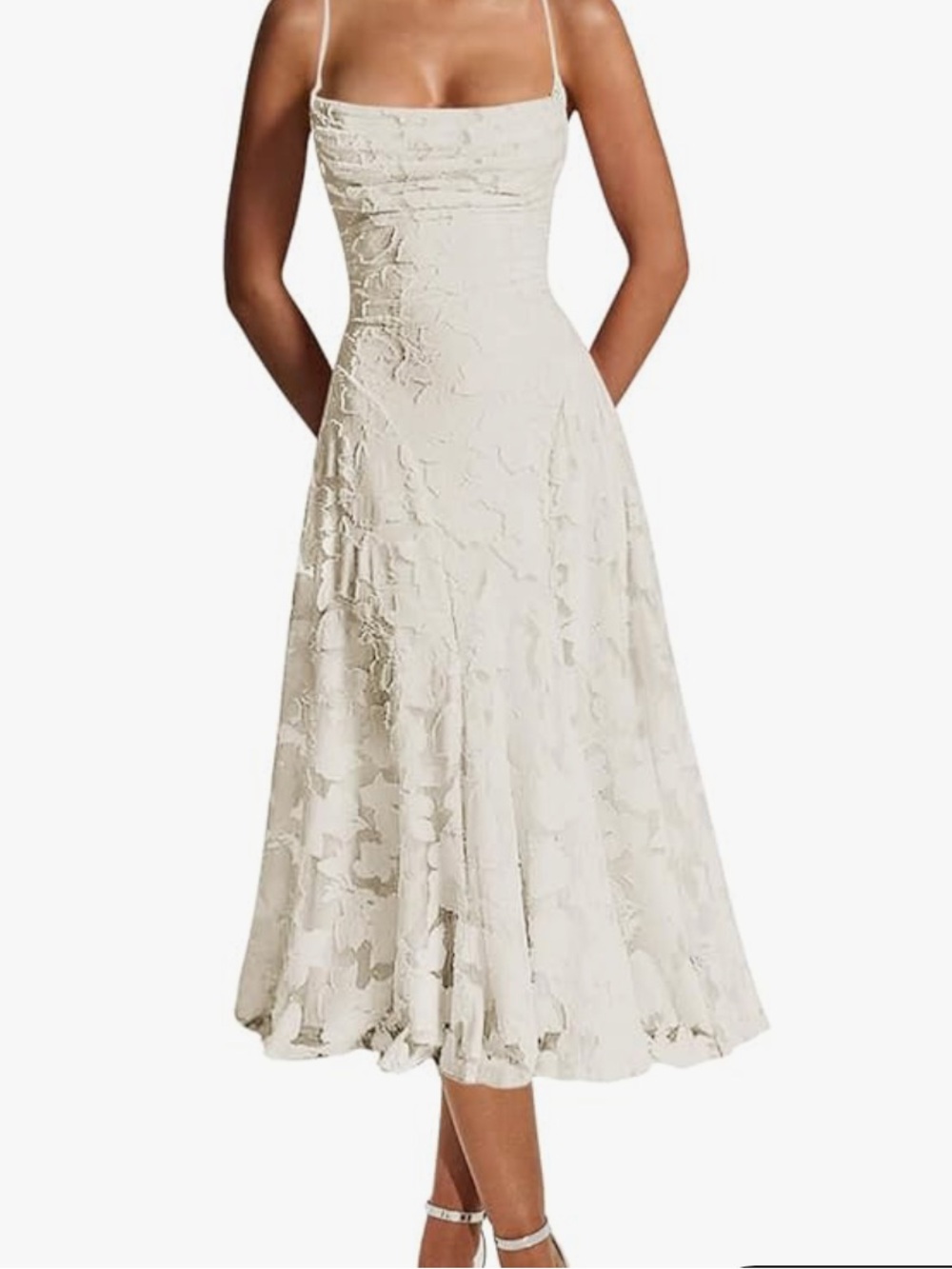 Elegant Ivory Lace Midi Dress with Spaghetti Straps